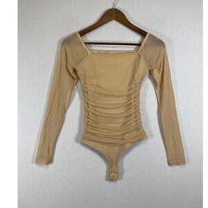 Chic PinkmStyle Women Small Beige Mesh Ruched Square Neck Long Sleeve Bodysuit